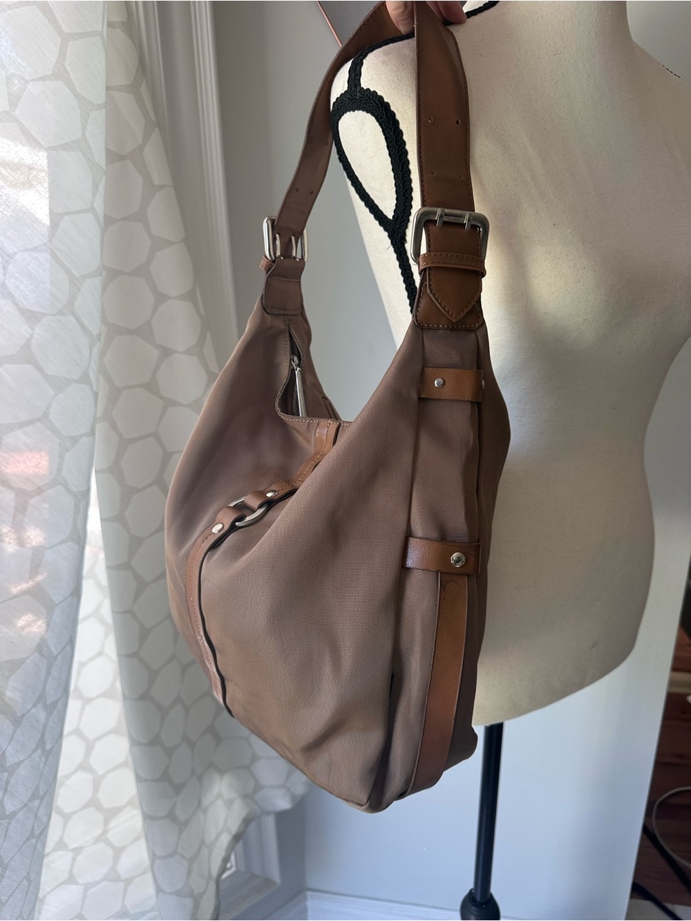 VINTAGE 90s Tan/Khaki Nylon Brown Leather Hobo Shoulder Bag Purse Handbag